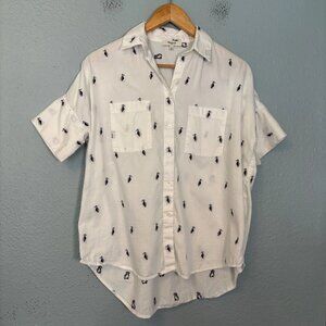 Madewell Women's Courier White Button Down Short Sleeve Top Pelican Embroidery